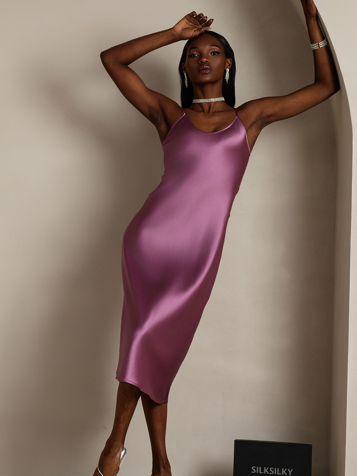 Pure Silk Spaghetti Strap V Neck Midi Dress