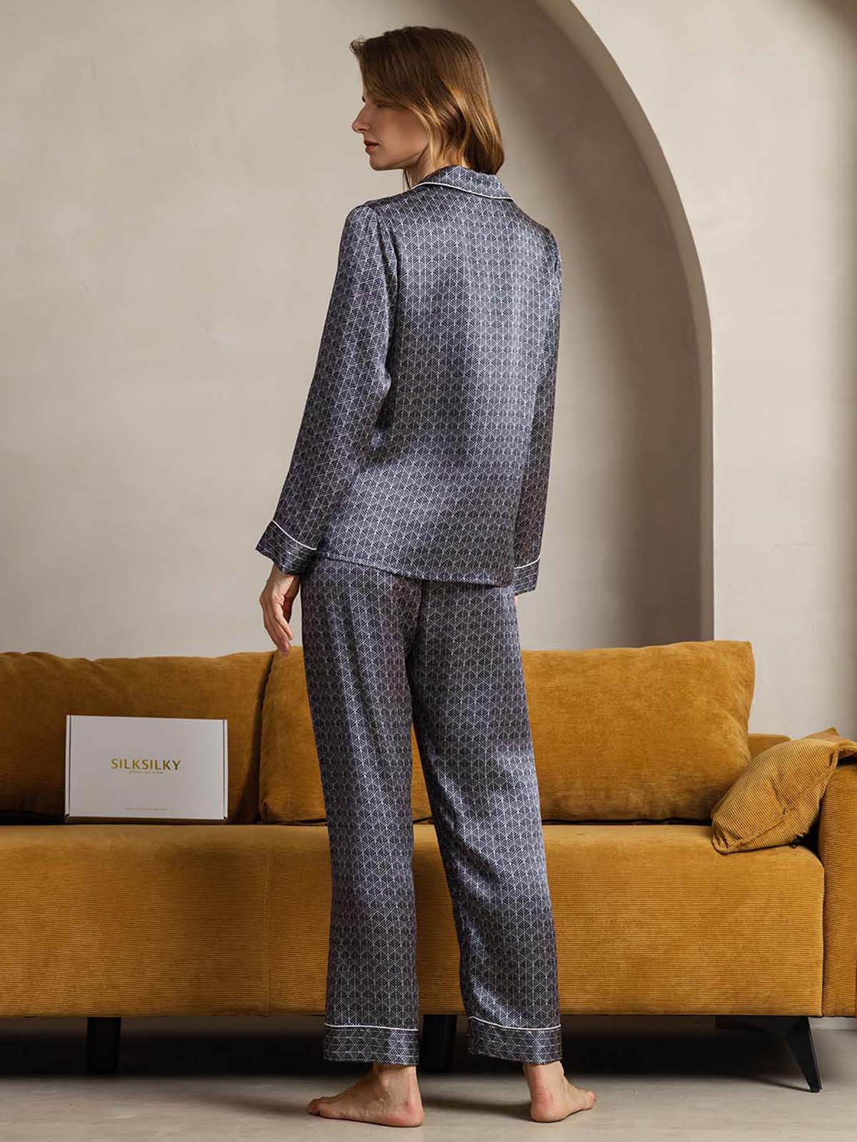 Women's Pure Silk Navy Ginkgo Print Long Sleeve Notch Collar Pajamas Set