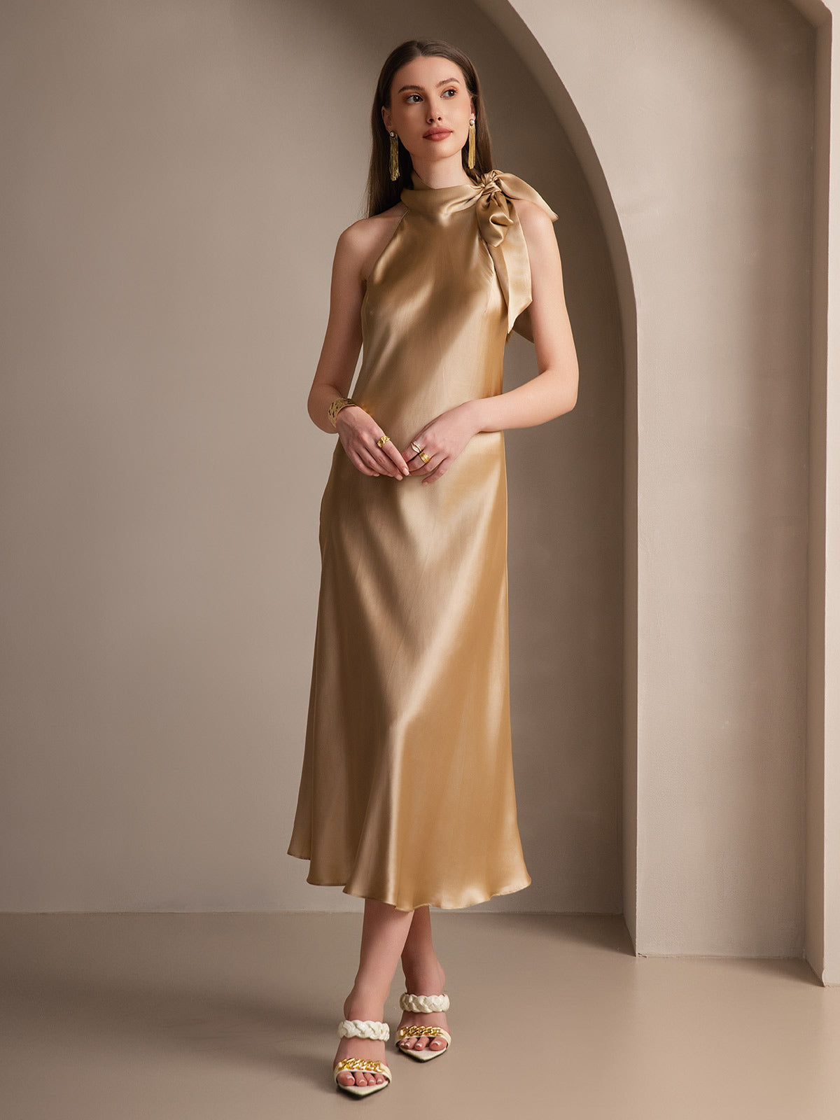 19Momme Silk Sleeveless Tie Neck Midi Dress