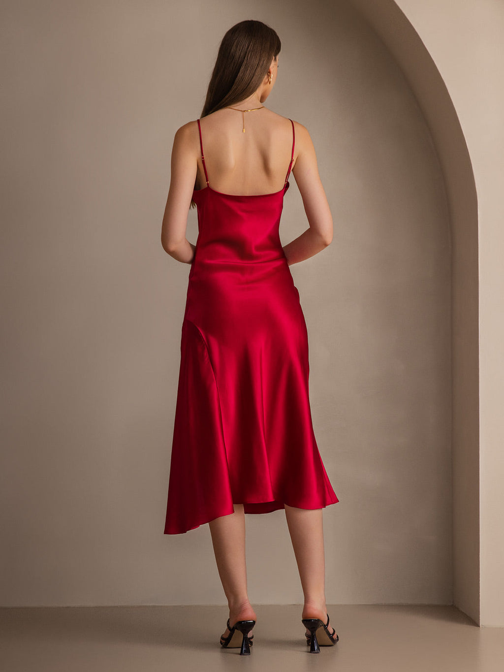 Pure Silk Spaghetti Strap Cowl Neck Bias Midi Dress with Split Design