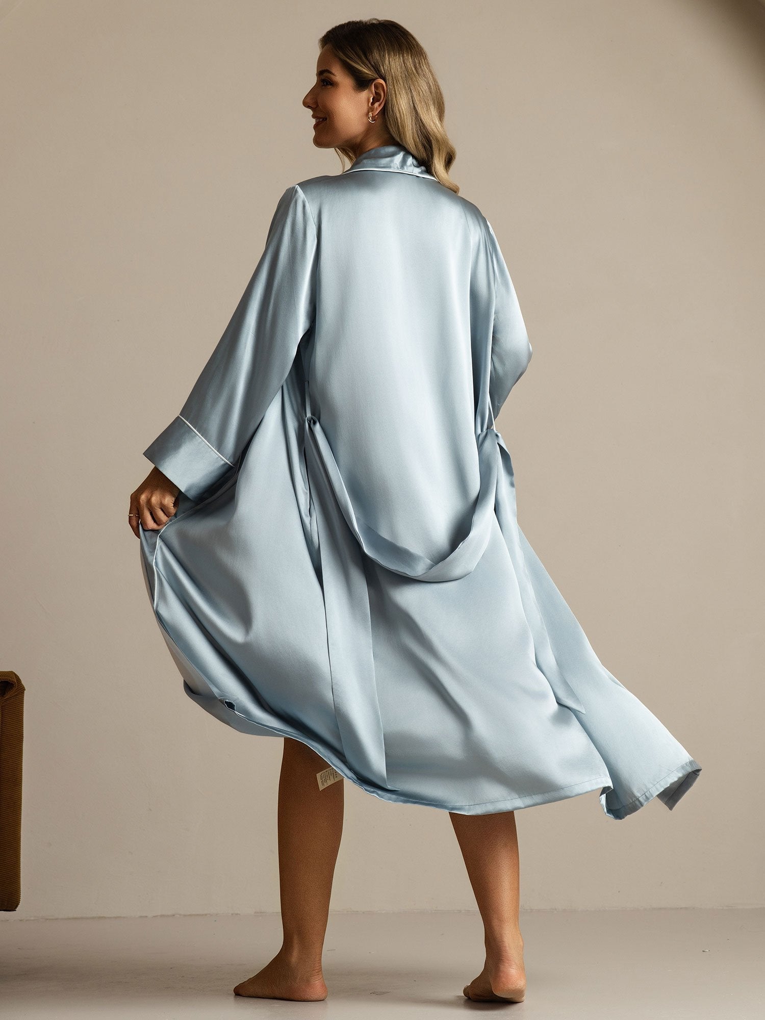 Pure Silk Belted Women's Long Lapel Robe with Pocket Design
