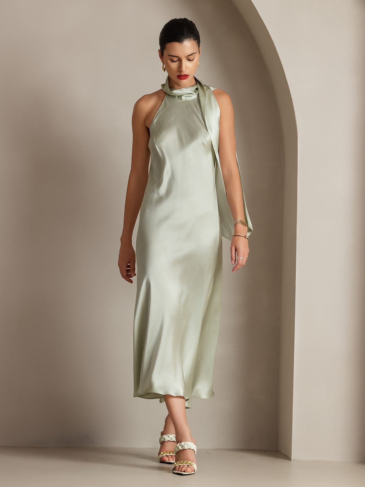 19Momme Silk Sleeveless Tie Neck Midi Dress