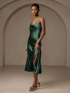 Pure Silk Spaghetti Strap Cowl Neck Bias Midi Dress with Split Design