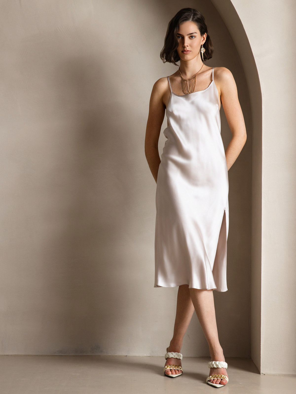 Pure Silk Spaghetti Strap U Neck Knee Dress with Split Criss Cross V-Back Design