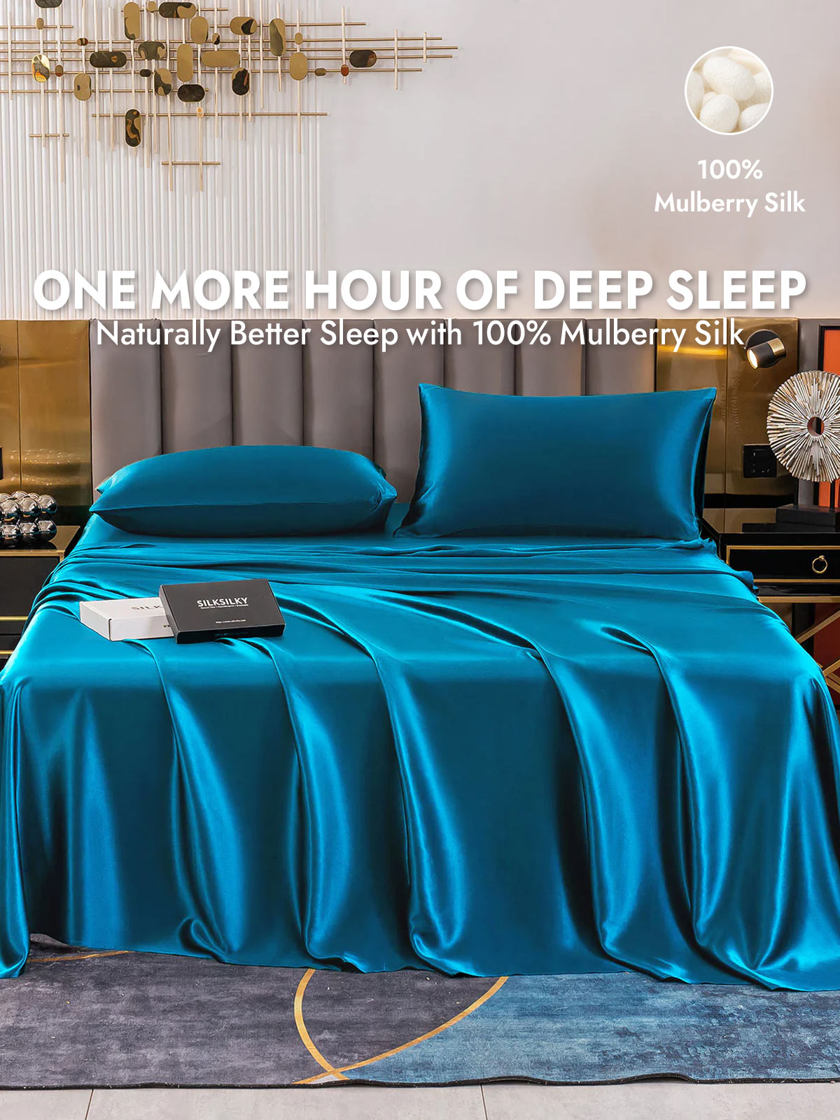 19Momme 4Pcs Silk Set Fitted&Flat Sheets+2x Pillowcases