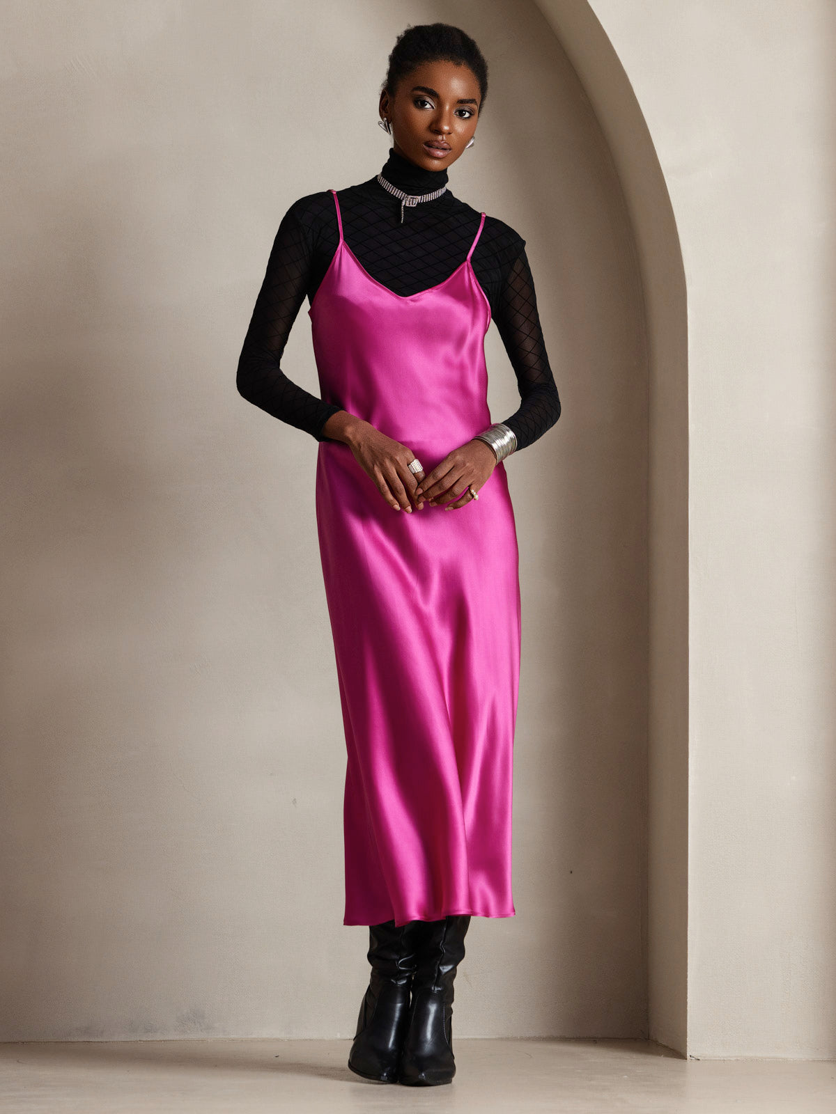 Pure Silk Spaghetti Strap V Neck Midi Dress