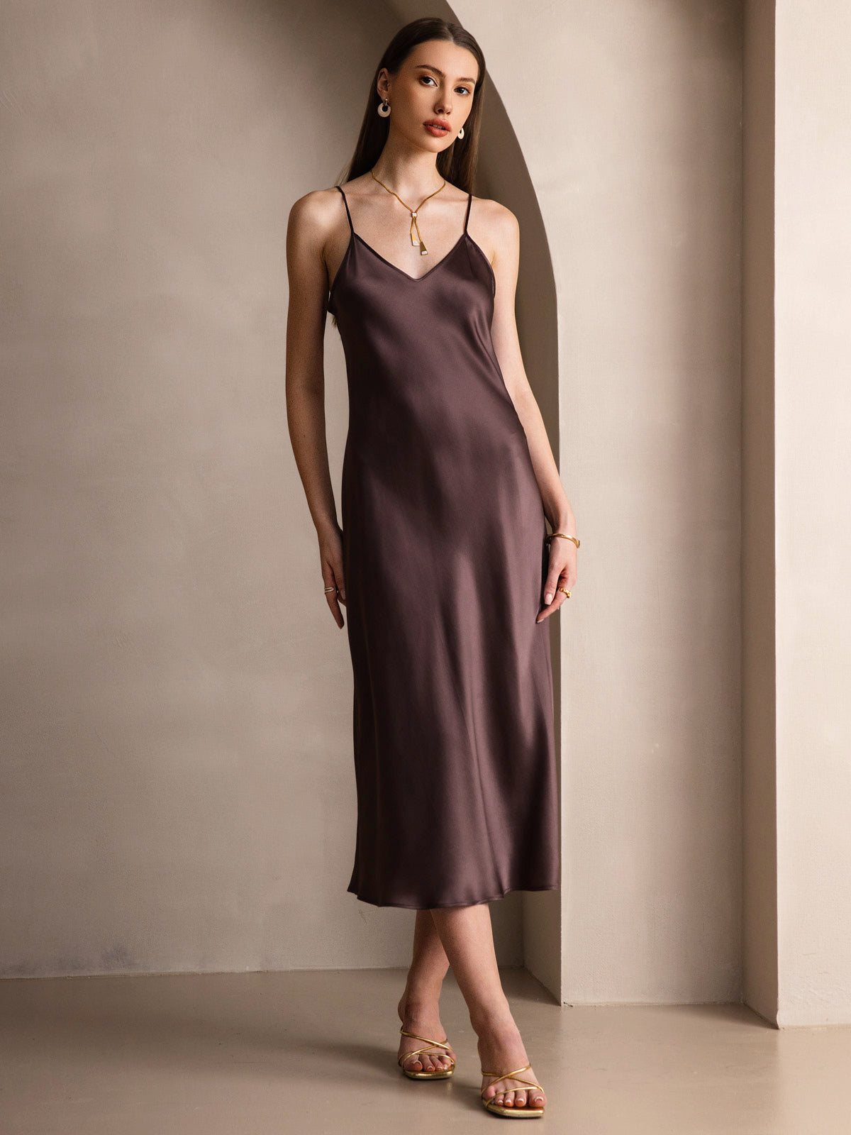 Pure Silk Spaghetti Strap V Neck Midi Dress