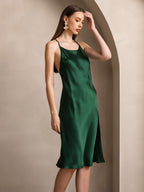 Pure Silk Spaghetti Strap U Neck Knee Dress with Split Criss Cross V-Back Design