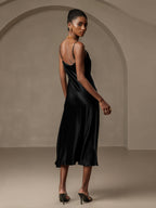 Pure Silk Spaghetti Strap Cowl Neck Bias Midi Dress with Split Design