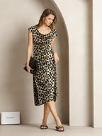 Clearance - 19Momme Silk Leopard Print Cap Sleeve Midi Dress