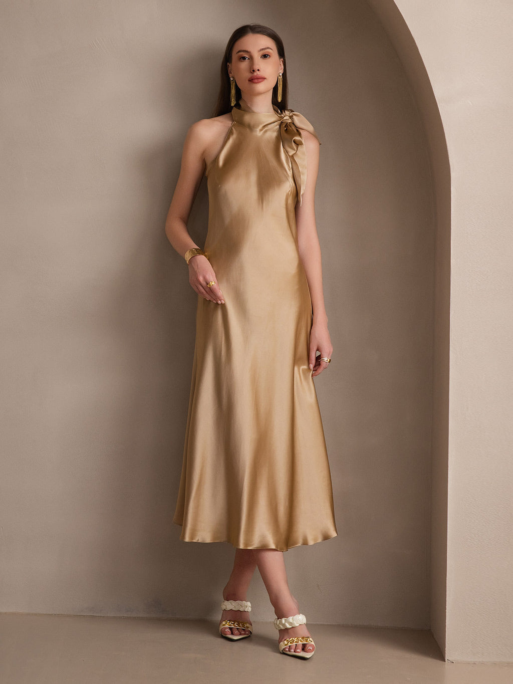 19Momme Silk Sleeveless Tie Neck Midi Dress