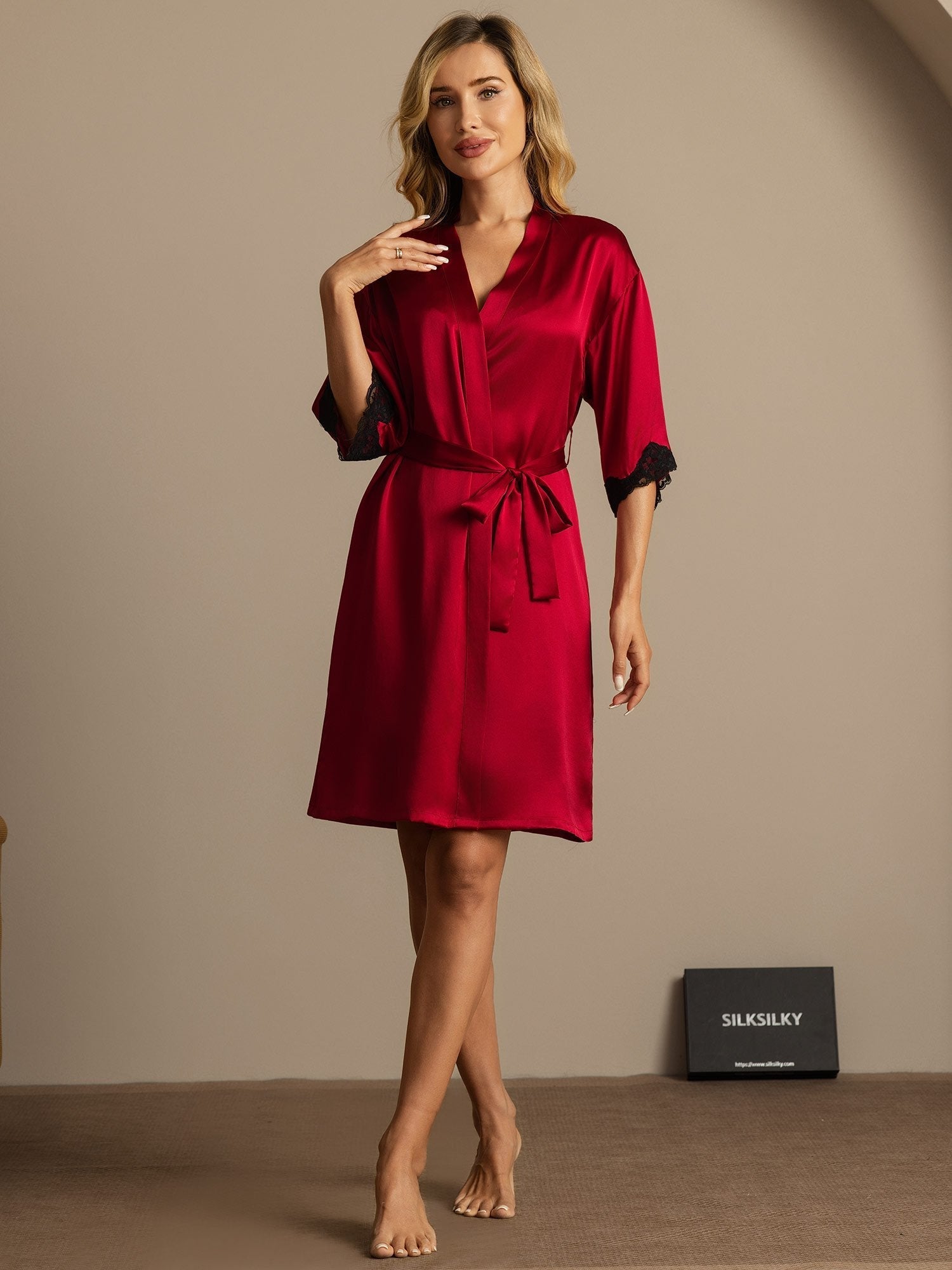 Pure Silk Basic Women's Robe with Lace Design