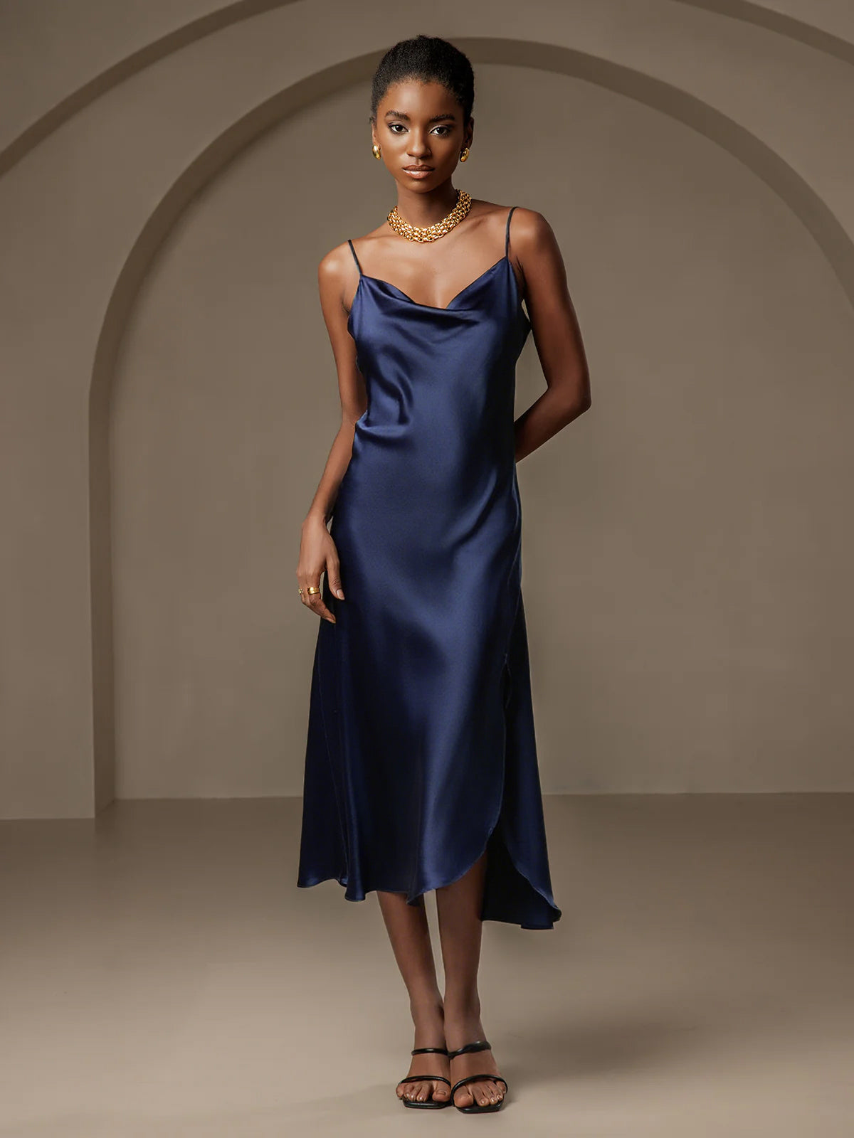 Pure Silk Spaghetti Strap Cowl Neck Bias Midi Dress with Split Design