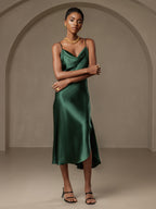 Pure Silk Spaghetti Strap Cowl Neck Bias Midi Dress with Split Design