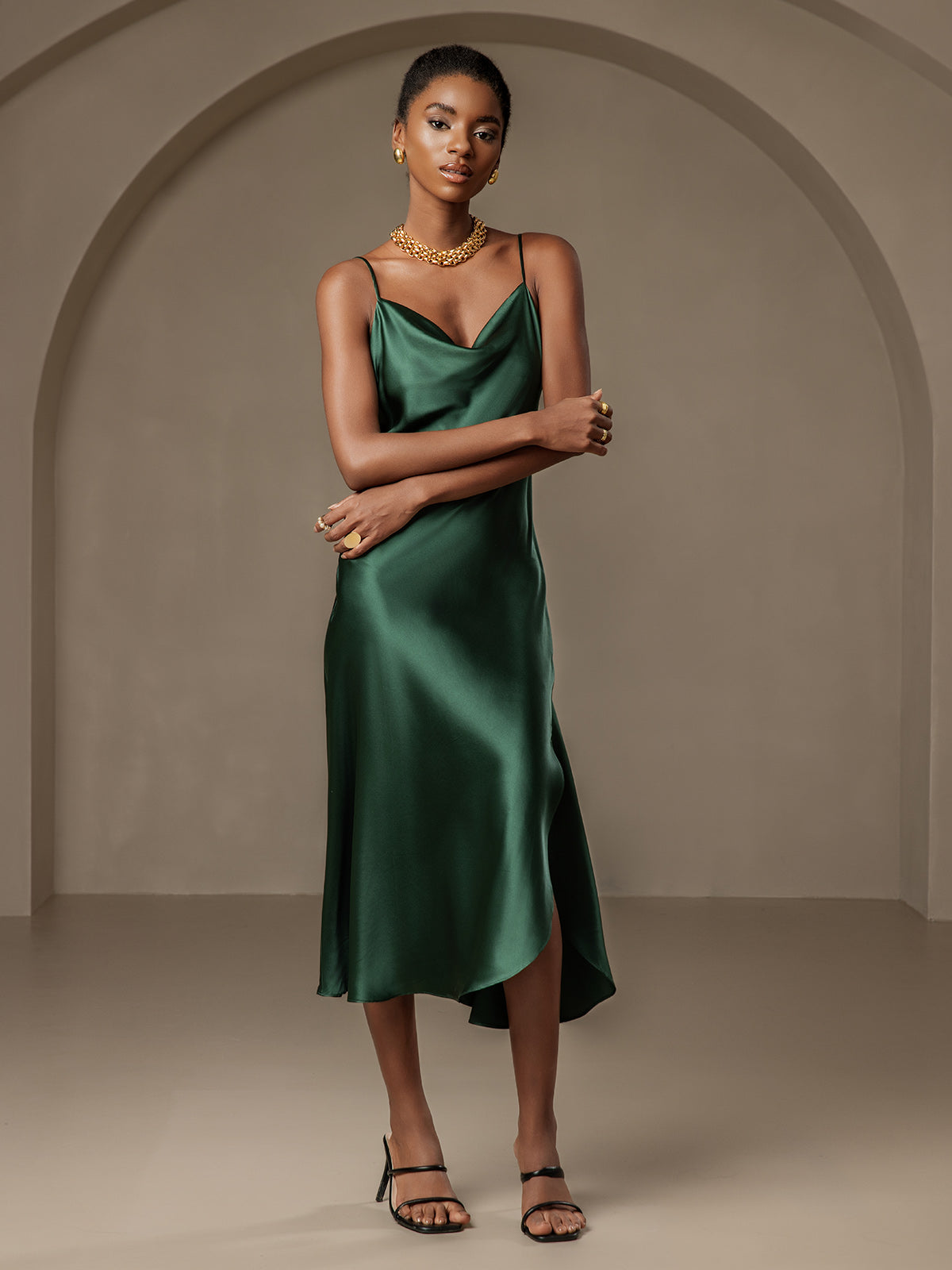 Pure Silk Spaghetti Strap Cowl Neck Bias Midi Dress with Split Design