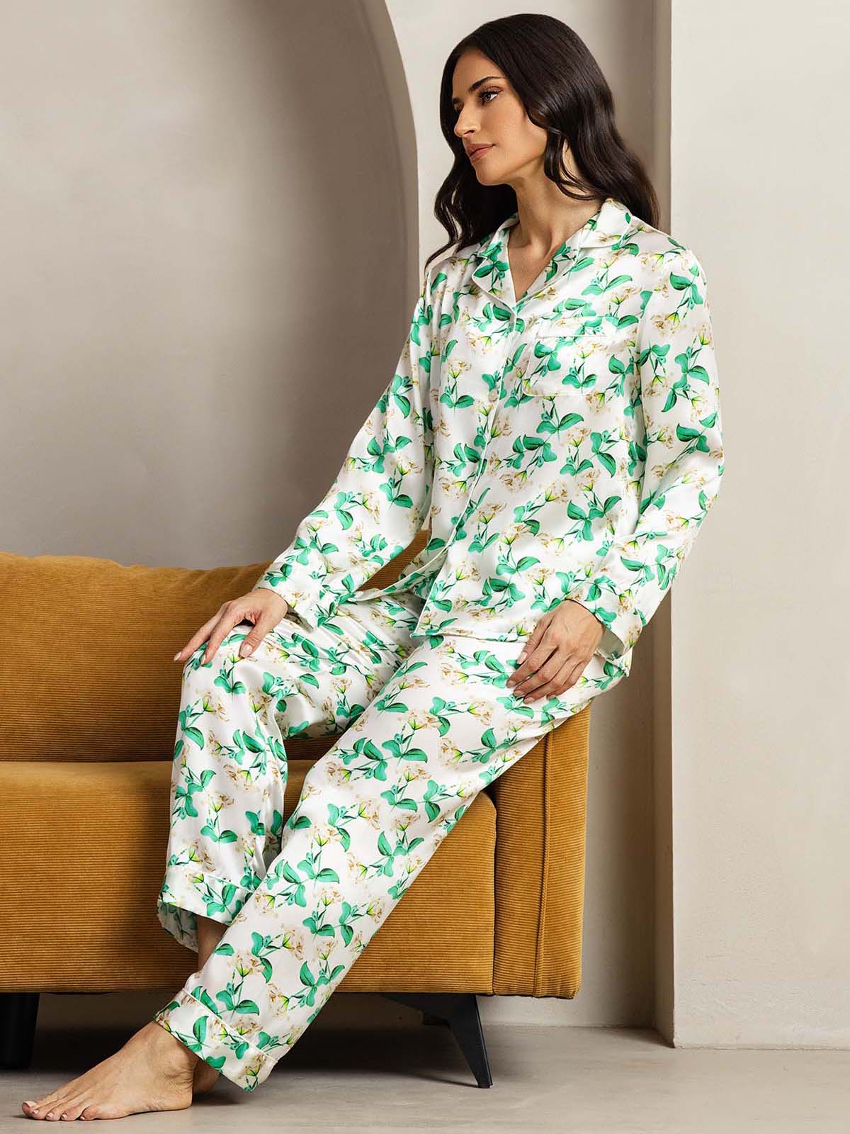 Women's Pure Silk Green Floral Print Long Sleeve Notch Collar Pajamas Set