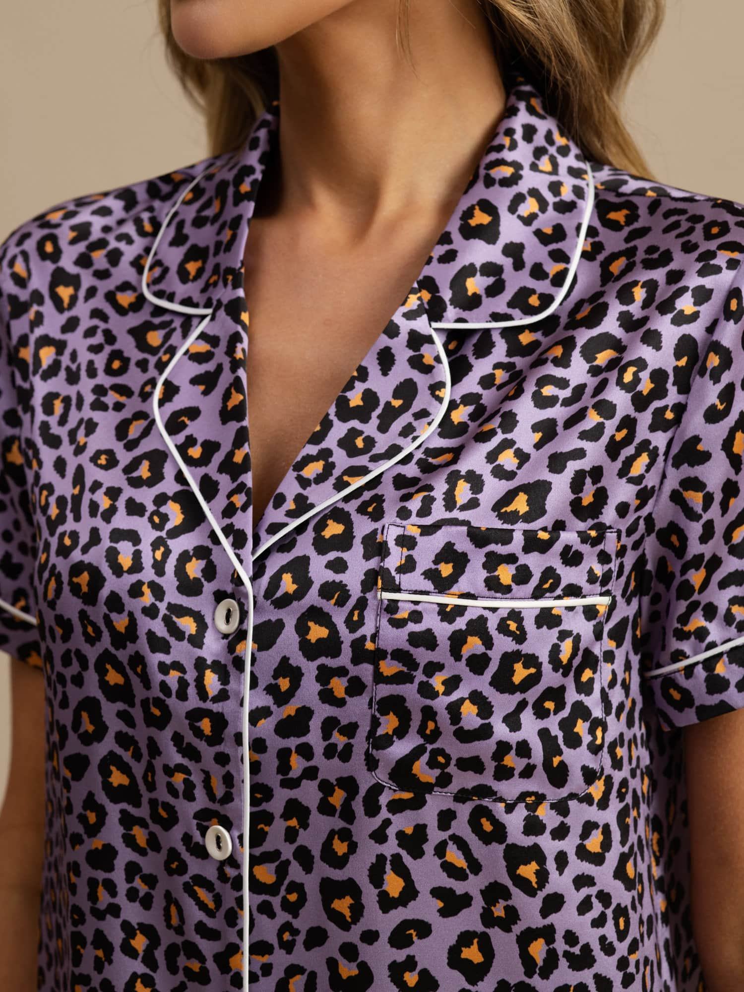 19Momme Pure Silk Women's Leopard Print Short Sleeve Button Up Pajamas Set