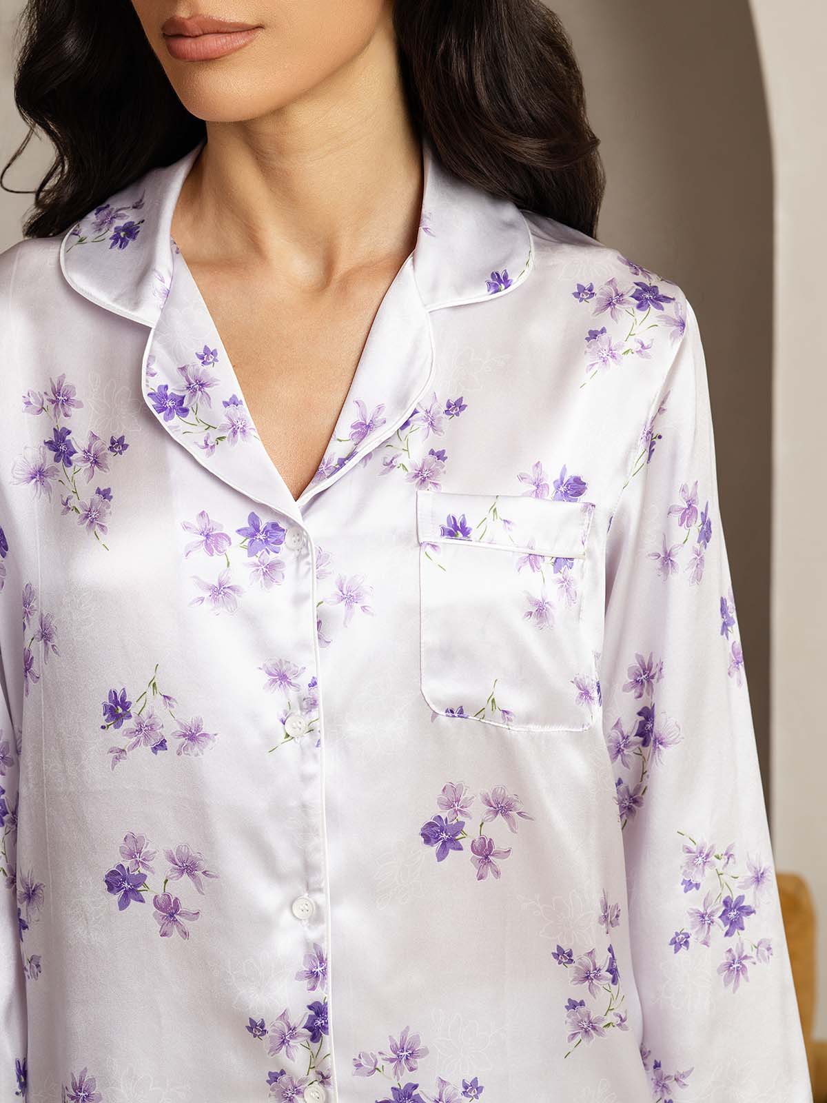 Pure Silk Lilac Bloom Print Long Sleeve Notch Collar Women's Pajamas Set