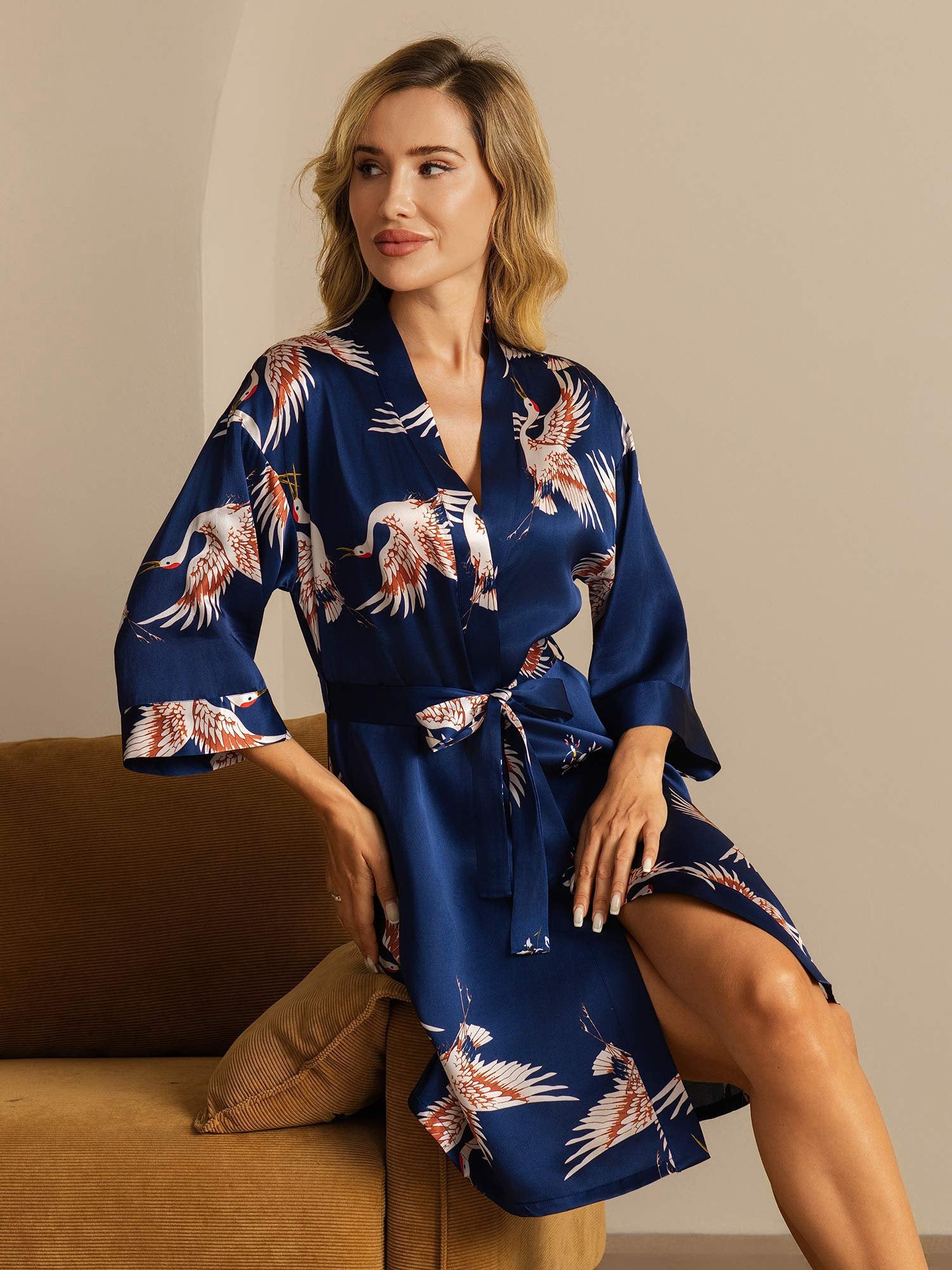 19Momme Pure Silk Crane Print Belted Wrap Women's Kimono Robe