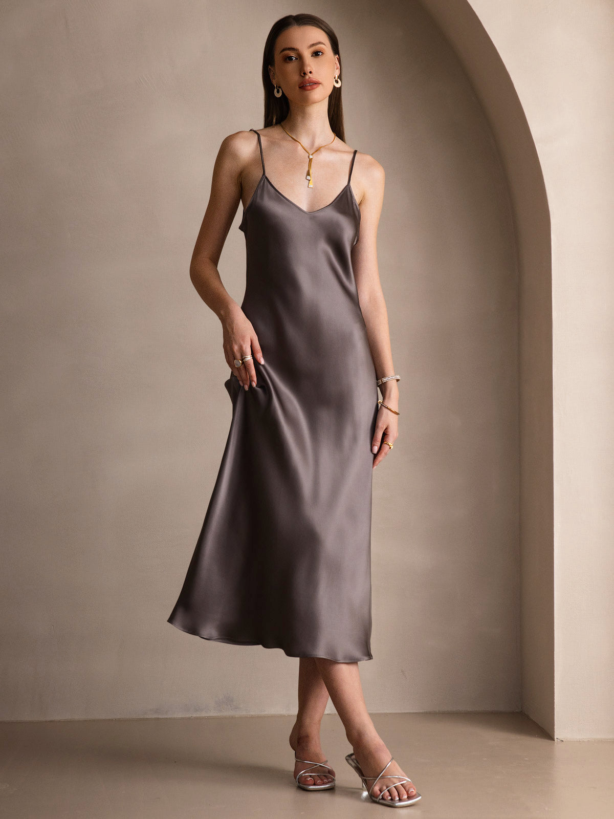 Pure Silk Spaghetti Strap V Neck Midi Dress