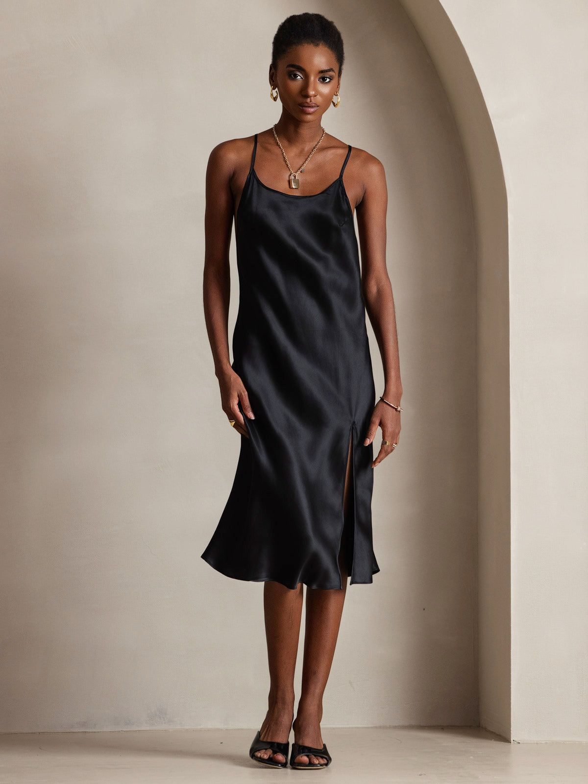 Pure Silk Spaghetti Strap U Neck Knee Dress with Split Criss Cross V-Back Design