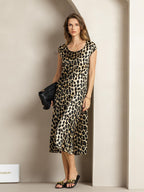 Clearance - 19Momme Silk Leopard Print Cap Sleeve Midi Dress