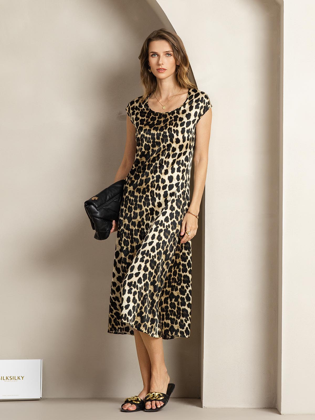 Clearance - 19Momme Silk Leopard Print Cap Sleeve Midi Dress